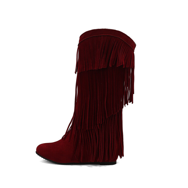 Women's Tassel Round Toe Wedge Heel Mid Calf Boots