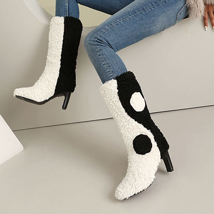Women's Patchwork Round Toe High Heel Mid Calf Boots