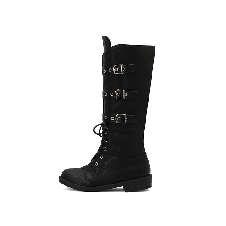 Women's Buckle Strap Round Toe Knee High Boots
