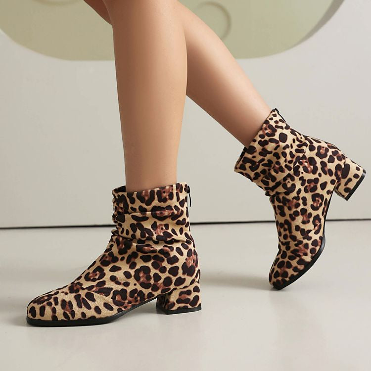 Women'S Leopard Print Round Toe Block Heel Ankle Boots