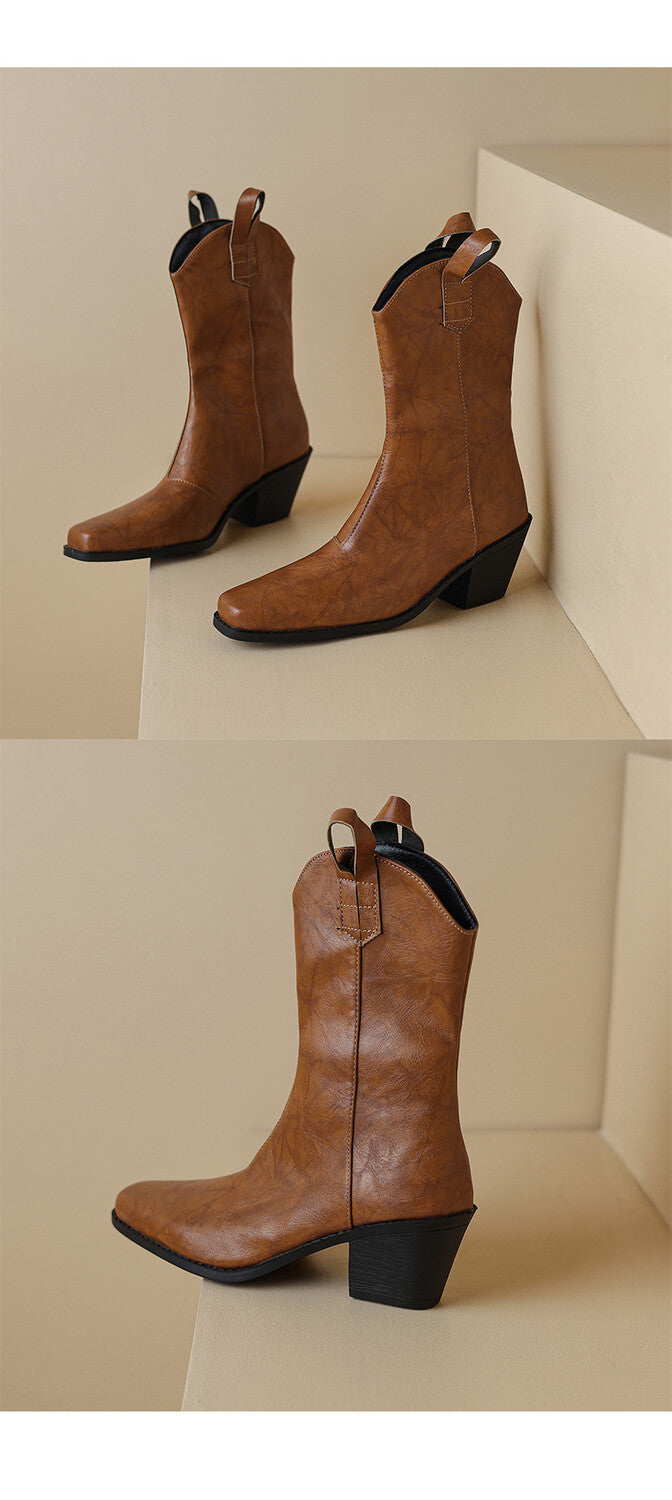 Women's Square Toe Block Heel Mid Calf Western Boots