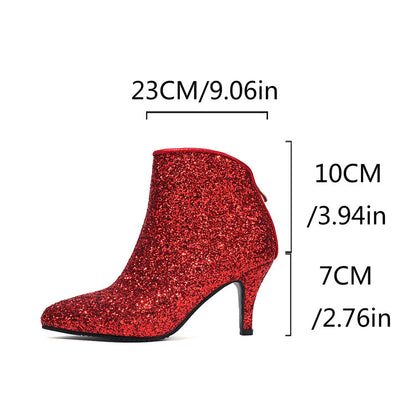 Women's Glossy Sequins Pointed Toe Spike Heel Ankle Boots