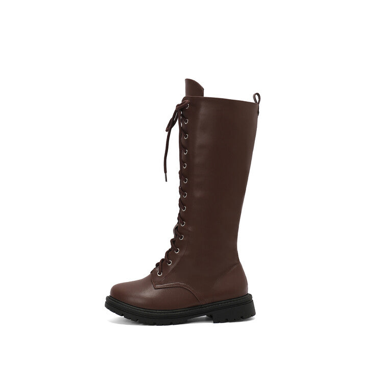 Women's Lace-Up Round Toe Flat Platform Knee High Boots