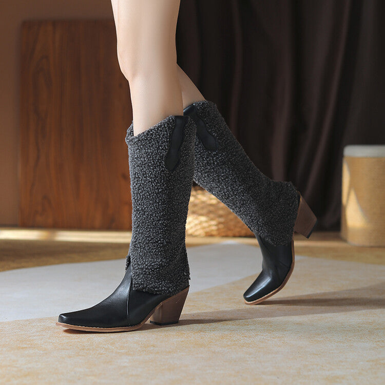 Women'S Fluff Square Toe Block Heel Knee High Western Boots