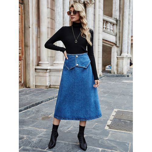 Ins Fashion Split Joint Pearl Button Denim Long Women Skirts
