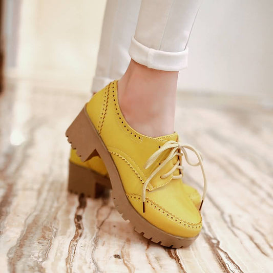 Round Toe Women Pumps Carving Lace Up High Heels Platform Shoes Woman