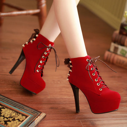 Women Lace Up High Heels Platform Ankle Boots Stiletto Heel 5060