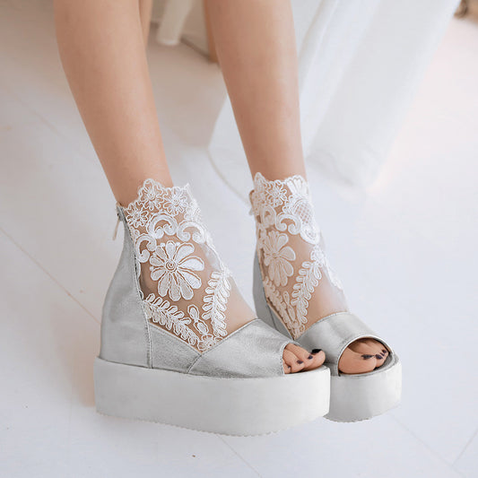 Fashion Peep Toes Lace Wedges Sandals Pumps Platform High Heels Women Dress Shoes 6547