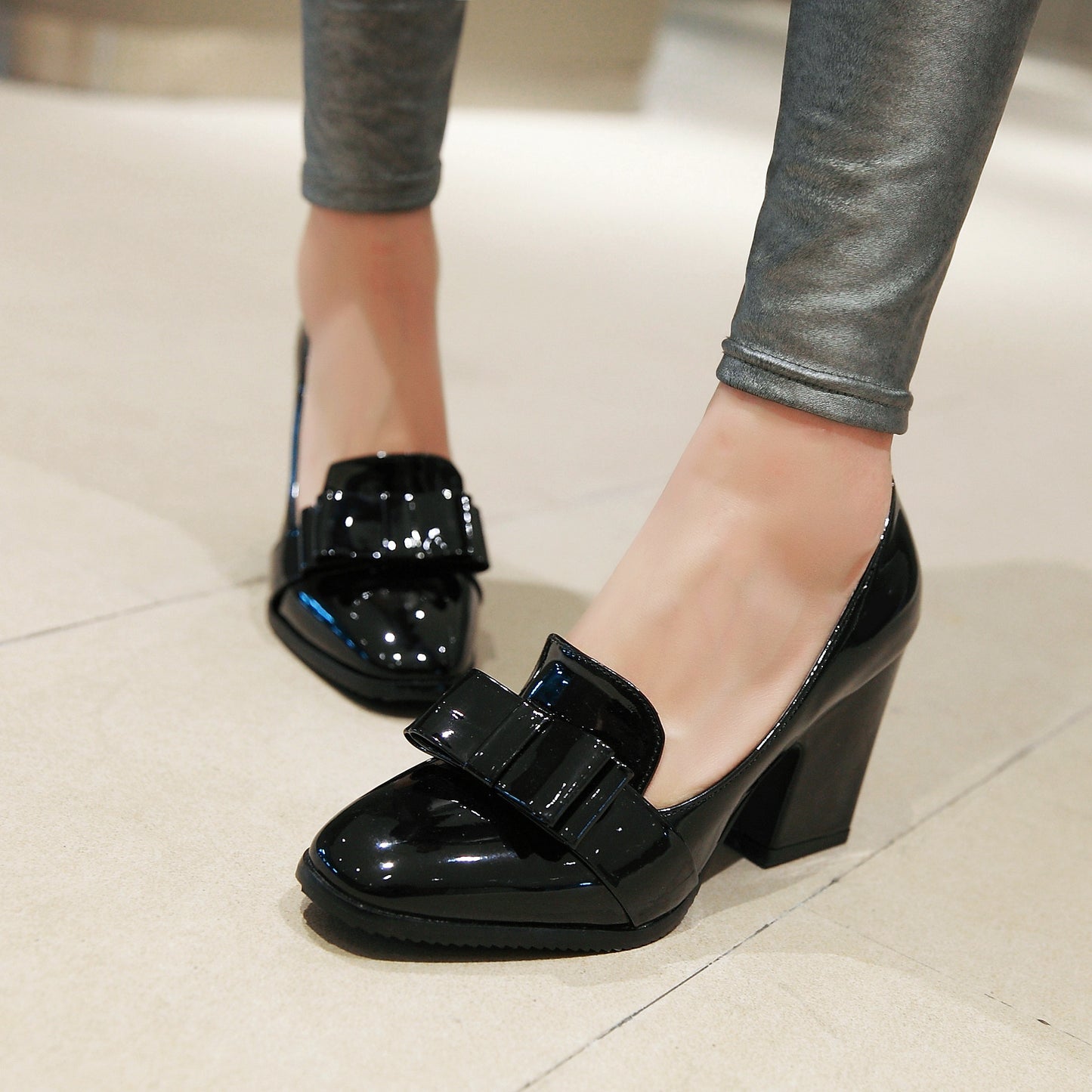 Bowtie Pumps Patent Leather High Heels Thick Heeled Shoes Woman