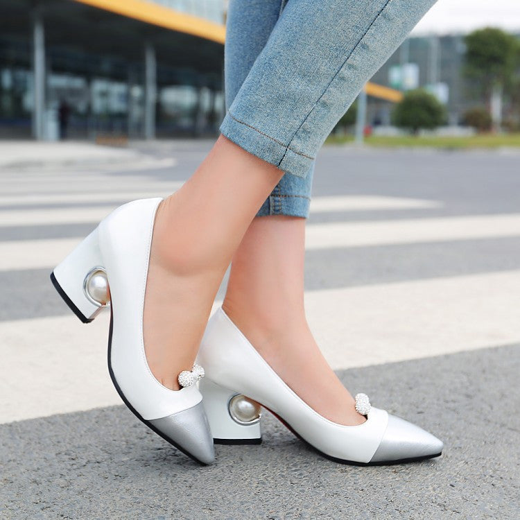 Pointed Toe Color Block Rhinestone Pearl Chunky Heel Pumps Mid Heel 1470