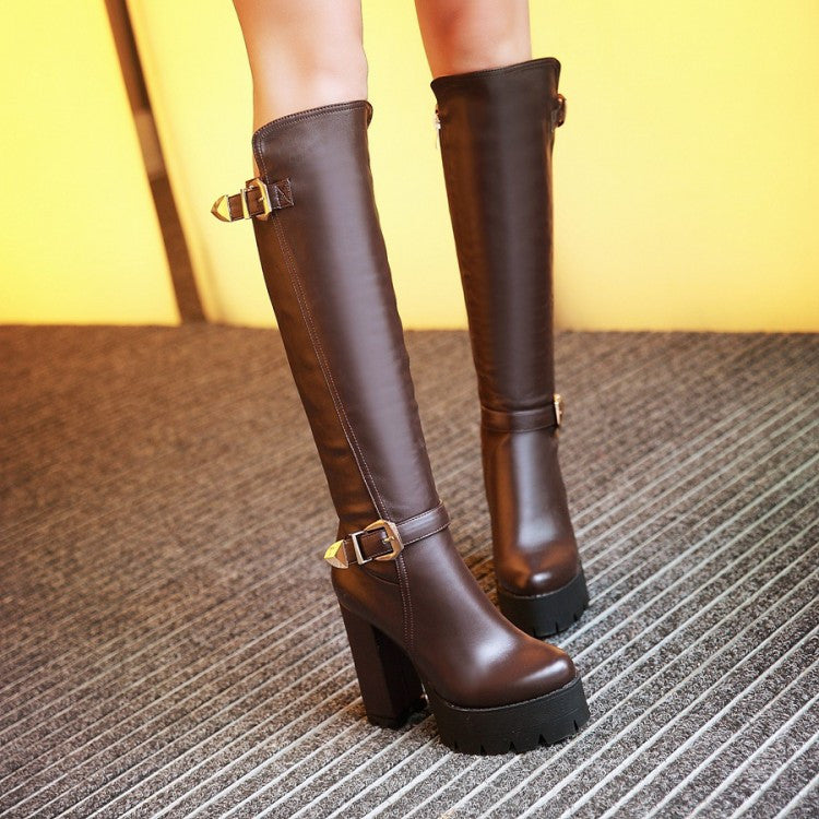 Round Toe Buckle Knee High Boots Platform High Heels Shoes Woman