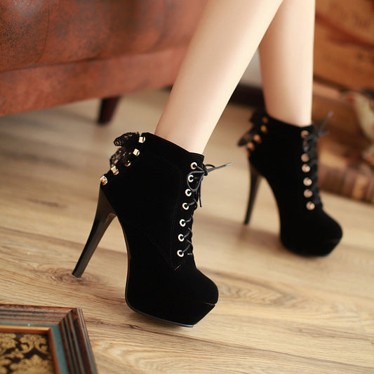 Lace Up Women Ankle Boots Platform Pumps High Heels Shoes Woman  3354