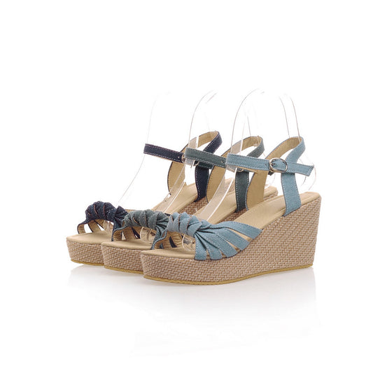 Summer Ankle Strap Sandals Denim Wedges Platform High-heeled Shoes Woman