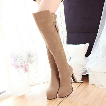 Women Over the Knee Boots Flock High Heels Thick Heel Platform Shoes Woman 2016 3519