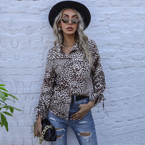 Womens Leopard Print Shirt Long Sleeved Single-breasted Blouse