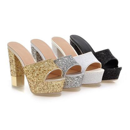 Women Glitter Platform Slides Sandals High Heels Chunky Heel Pumps 1300