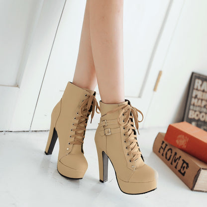 Women Lace Up Buckle Belt High Heels Platform Ankle Boots 6683