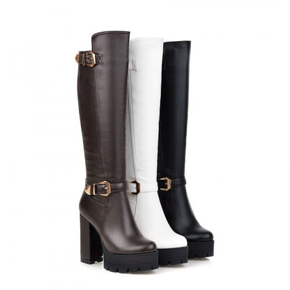 Round Toe Buckle Knee High Boots Platform High Heels Shoes Woman