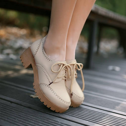 Round Toe Women Pumps Carving Lace Up High Heels Platform Shoes Woman