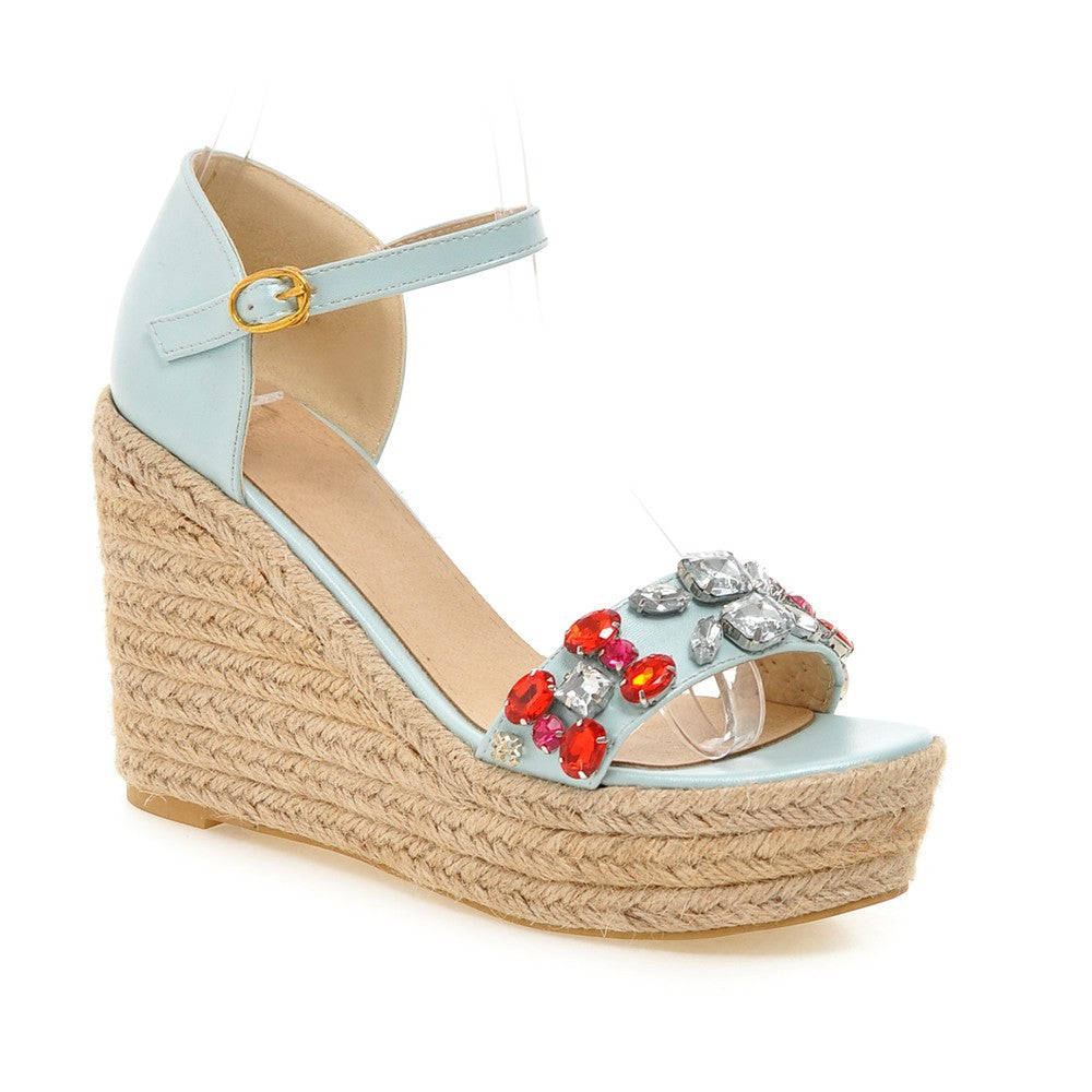 Women Woven Wedges with Rhinestone Ankle Straps Platform Shoes