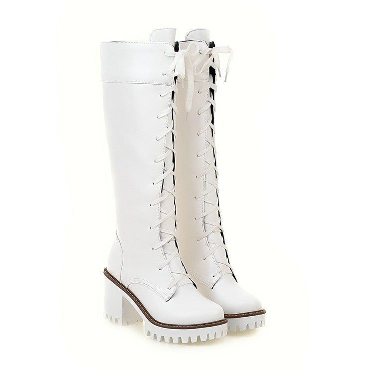 Women Lace Up Knee High Boots High Heels Motorcycle Boots Chunky Heel 3176