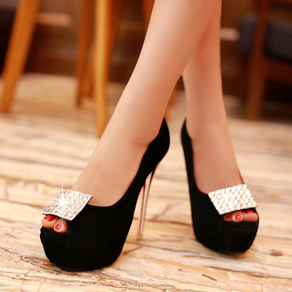 Rhinestone Women Platform Pumps High Heels Peep Toes Stiletto Wedding Shoes Woman