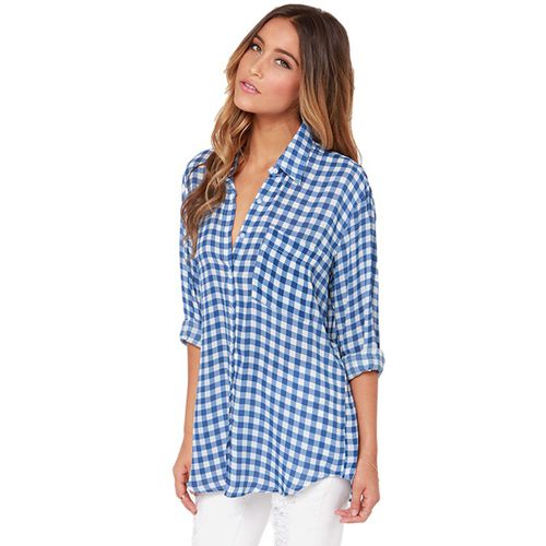 Blue Plaid Spring Slim Straight Casual Women Blouses