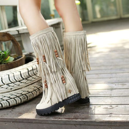 Women Tassel Platform Wedges Mid Calf Boots