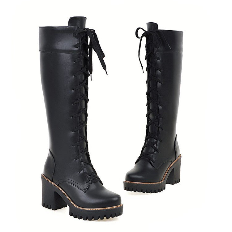 Women Lace Up Knee High Boots High Heels Motorcycle Boots Chunky Heel 3176
