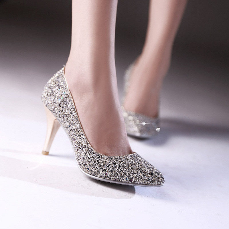 Pointed Toe Women Pumps Spike High Heels Sequined Wedding Shoes Woman