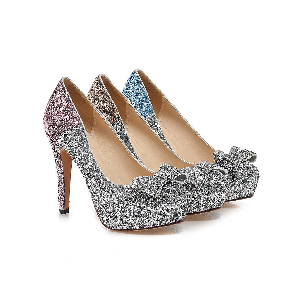 Glitter Women Pumps Platform Bowtie High Heels Wedding Shoes Woman