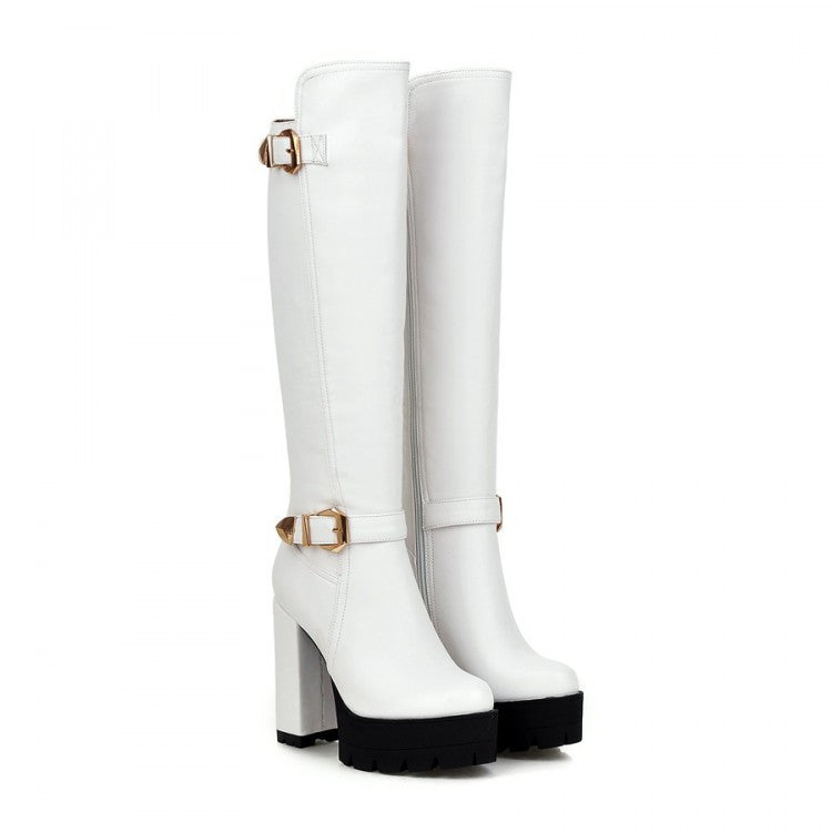 Round Toe Buckle Knee High Boots Platform High Heels Shoes Woman