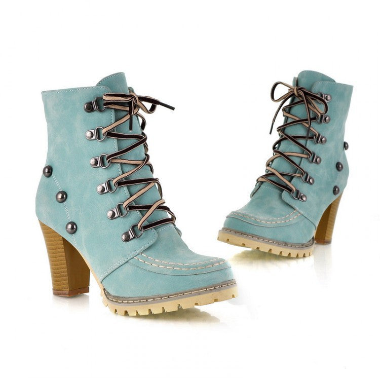 Studded High Heels Ankle Boots Chunky Heel Shoes 9132