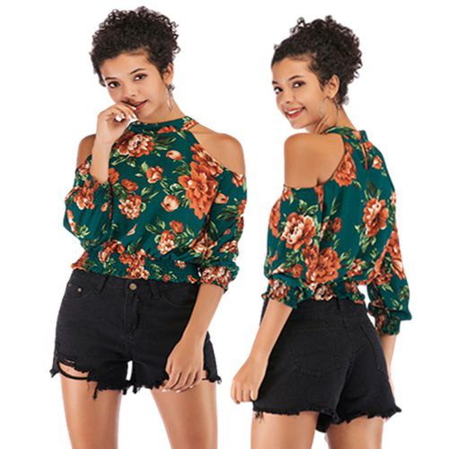 Sexy Off-the-shoulder Round Neck Spring Slim Print Jacket Women Chiffon Shirt Blouses