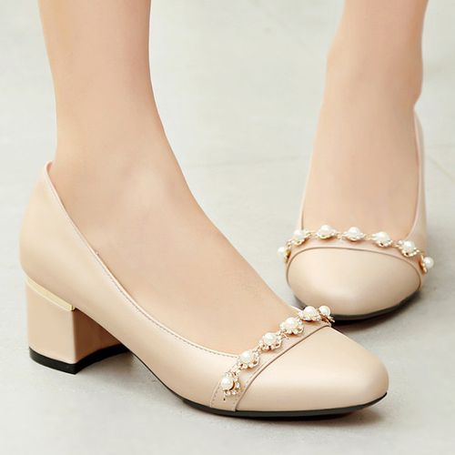 Women Rhinestone Pearl High Heeled Chunky Heels Pumps