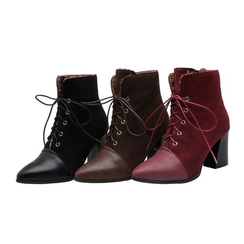 Women Pointed Toe Lace Up High Heels Short Boots