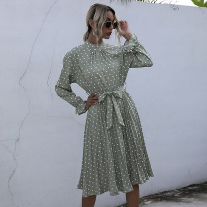 Women Lotus Leaf Sleeve Polka-dot Long Sleeved Dress