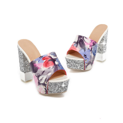 Women Slippers Glitter High Heels Flower Printed Platform Shoes Woman 9940