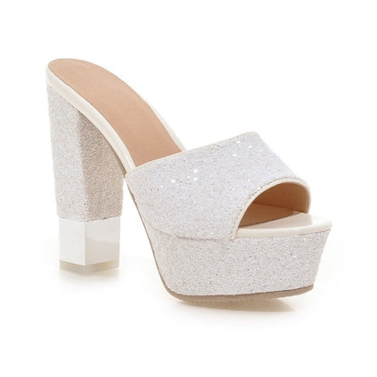 Women Glitter Platform Slides Sandals High Heels Chunky Heel Pumps 1300