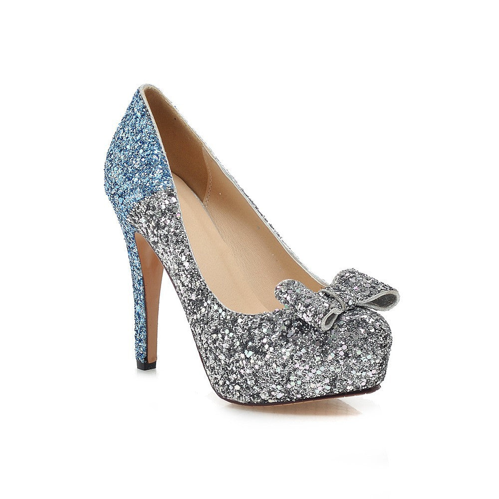 Glitter Women Pumps Platform Bowtie High Heels Wedding Shoes Woman