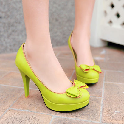 Round Toe Bowtie Women Platform Pumps High Heels Spike Jelly Shoes Woman