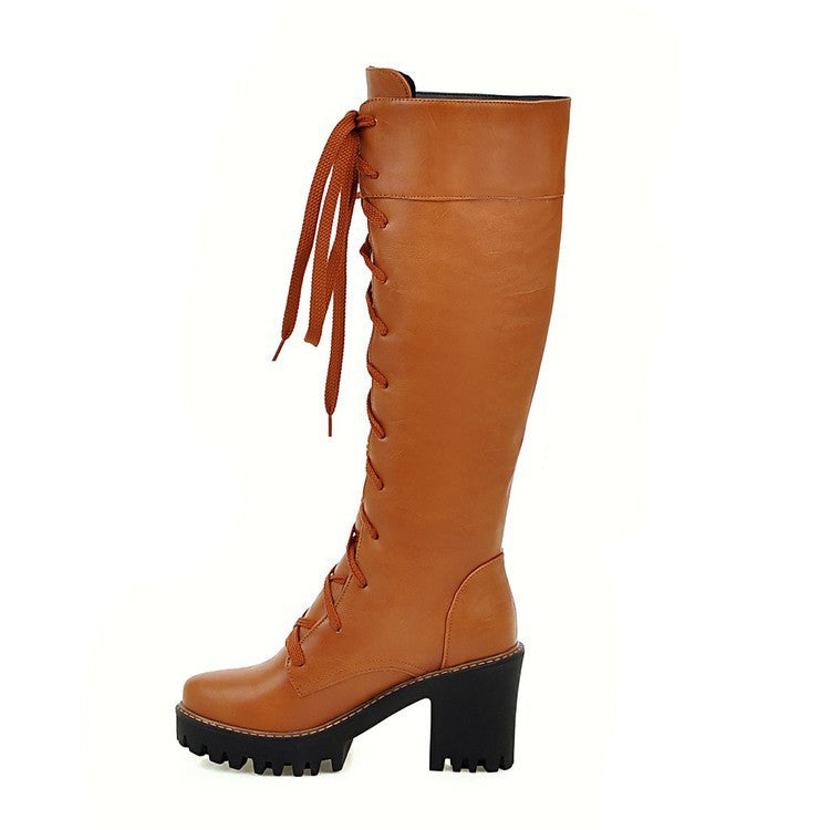 Women Lace Up Knee High Boots High Heels Motorcycle Boots Chunky Heel 3176