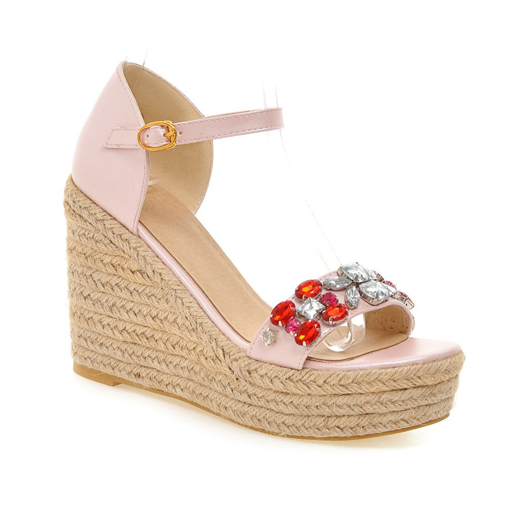 Women Woven Wedges with Rhinestone Ankle Straps Platform Shoes