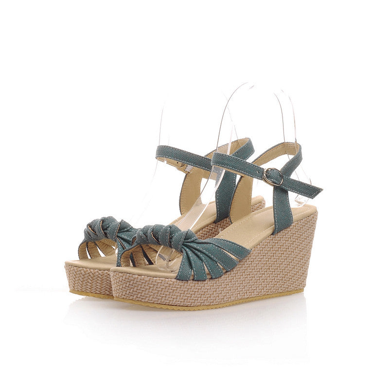 Summer Ankle Strap Sandals Denim Wedges Platform High-heeled Shoes Woman