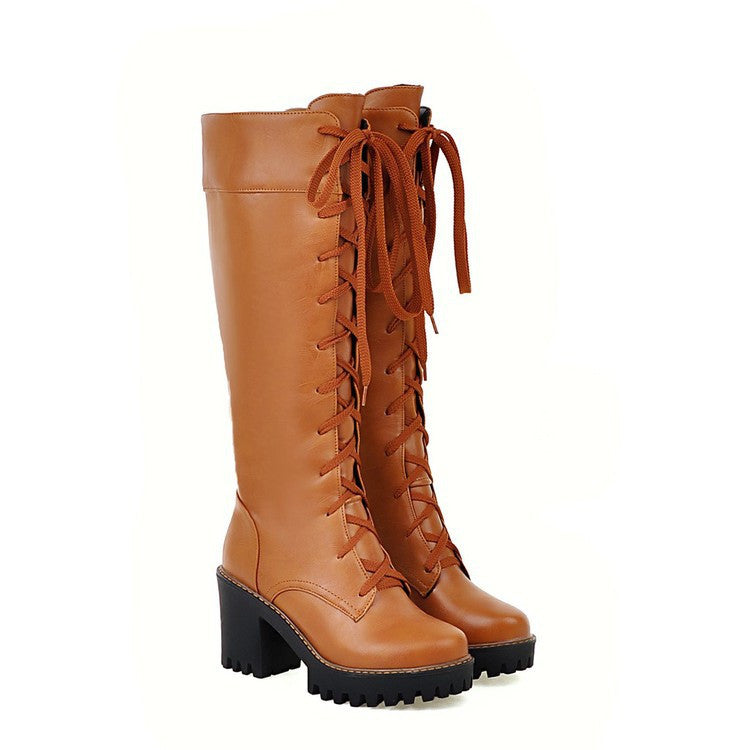 Women Lace Up Knee High Boots High Heels Motorcycle Boots Chunky Heel 3176