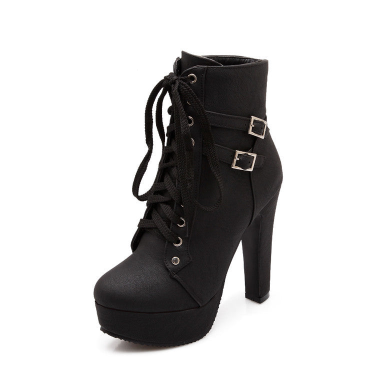 Women Lace Up Buckle Belt High Heels Platform Ankle Boots 6683