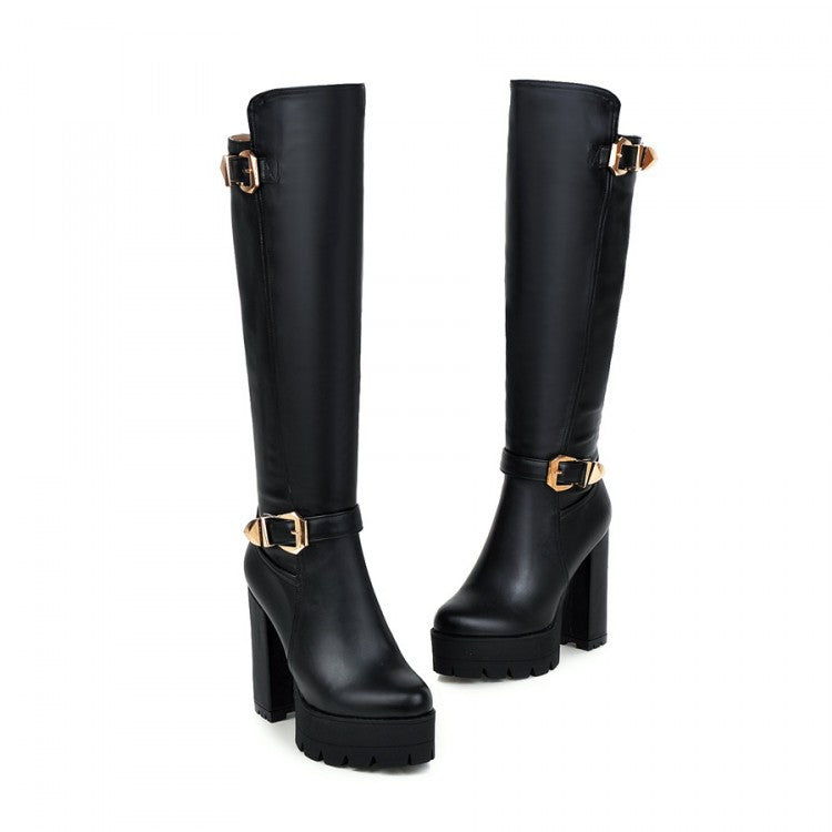 Round Toe Buckle Knee High Boots Platform High Heels Shoes Woman