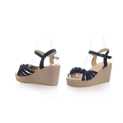 Summer Ankle Strap Sandals Denim Wedges Platform High-heeled Shoes Woman