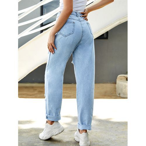 Ins Fashion Loose All-matched Holes Chains Straight High Waist Denim Long Women Jeans
