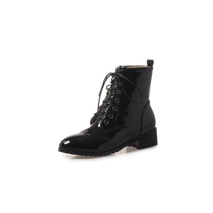 Round Toe Patent Leather Lace Up Women's Ankle Boots